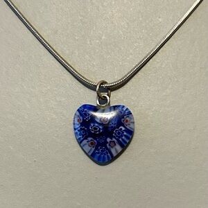 Millefiori Venetian Murano Glass Heart Pendant, Blue Floral, Silver-tone Chain